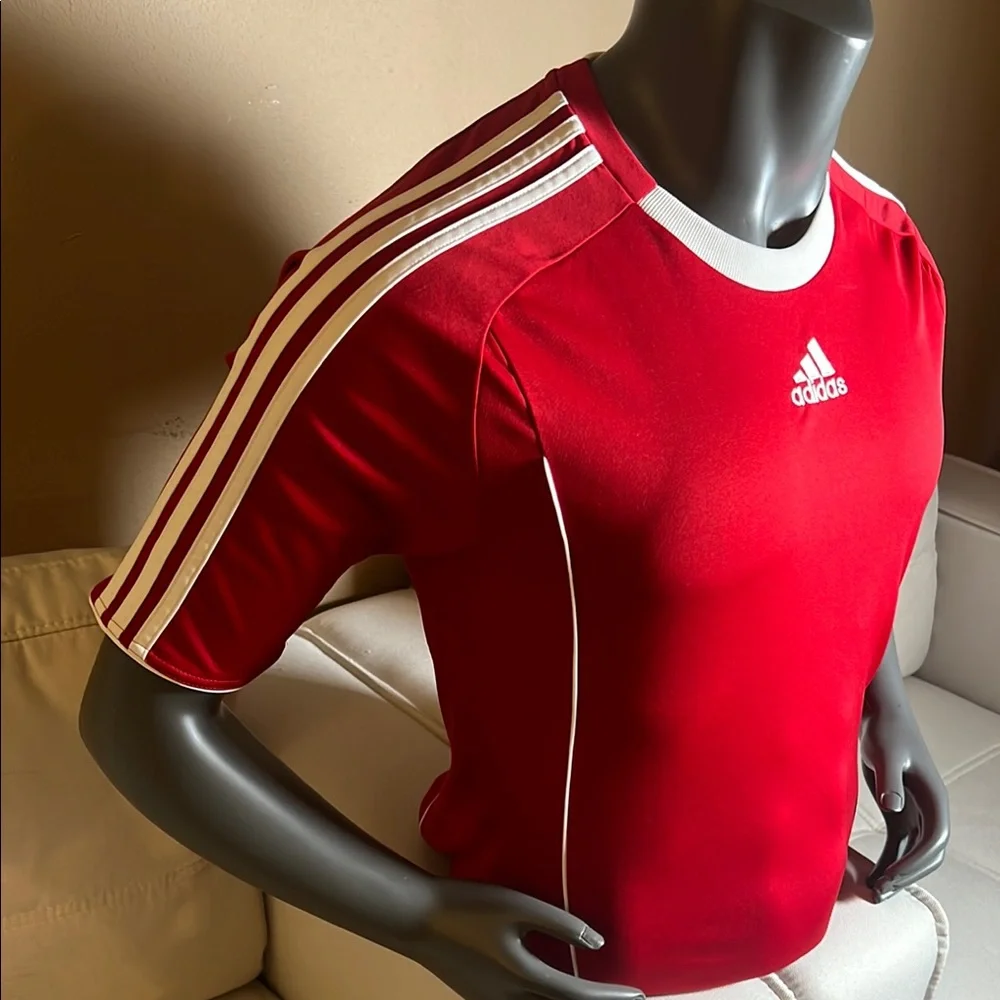 Adidas ATS Dry Red White Men’s Three Striped Logo Short-Sleeve Shirt Size Medium - Picture 2 of 9